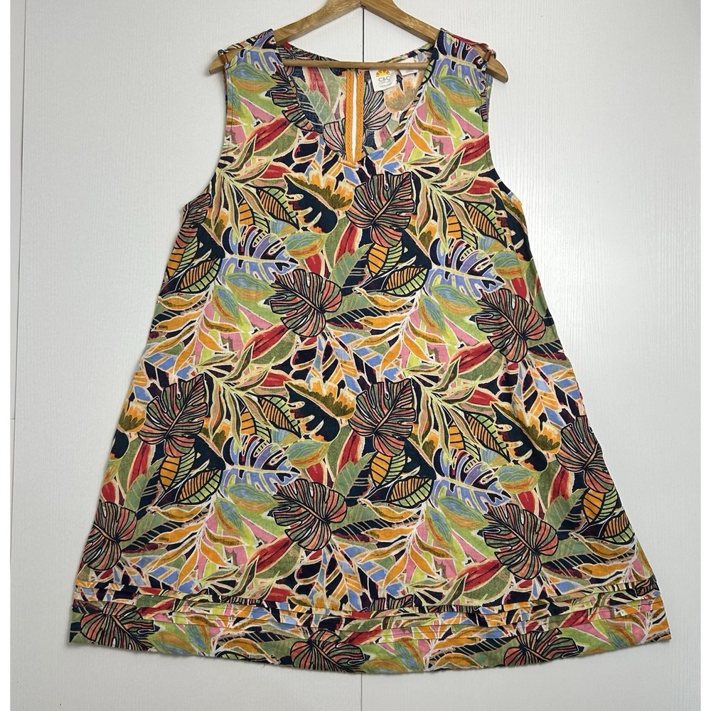 C&C California Sz L 100% Linen Shift Dress Tropical Sleeveless Sun Summer V Neck